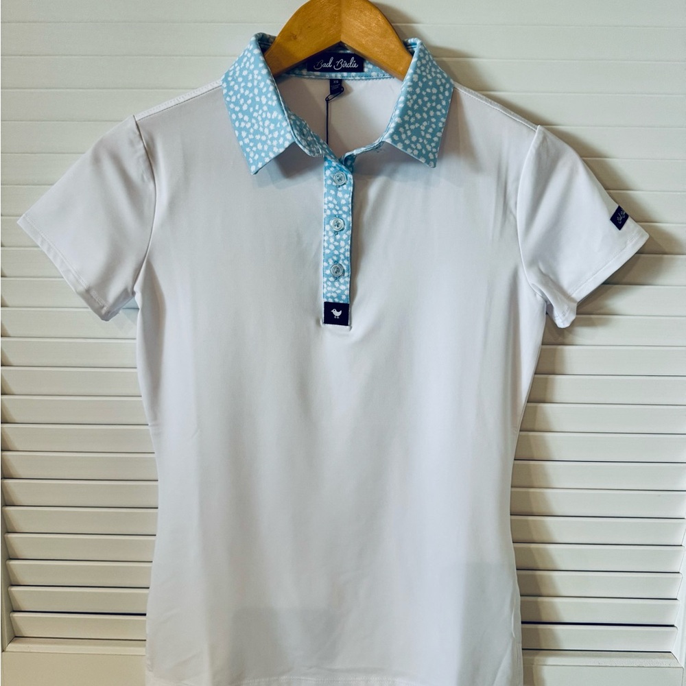 NWT Bad Birdie White Core Performance Polo Shirt with Blue Polka Dot Collar